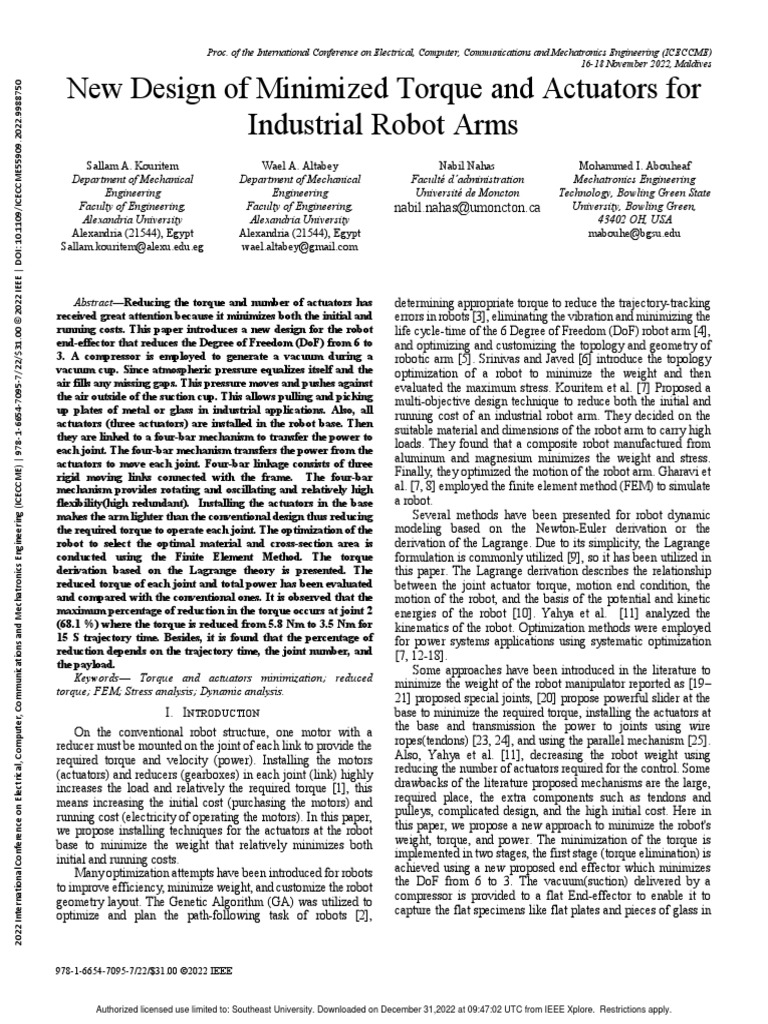 Minimizing Torque in Robot Arms | PDF