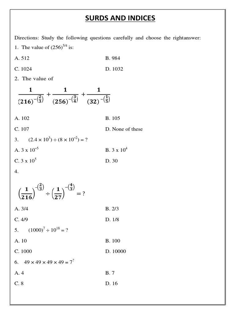 Surds and indices pdf