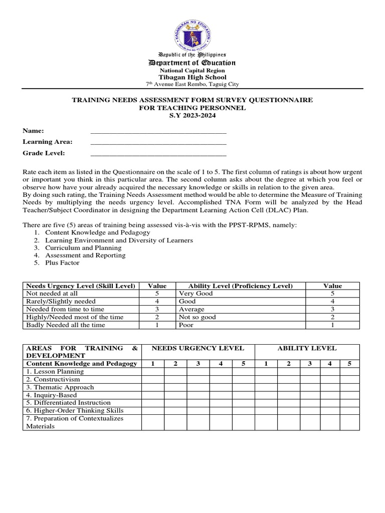 Teachers Needs Assessment Form 2023 2024 | PDF