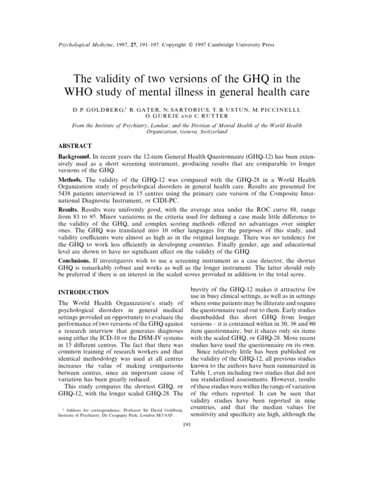 The Validity of Two Versions of The GHQ in The | PDF | Mental Disorder ...