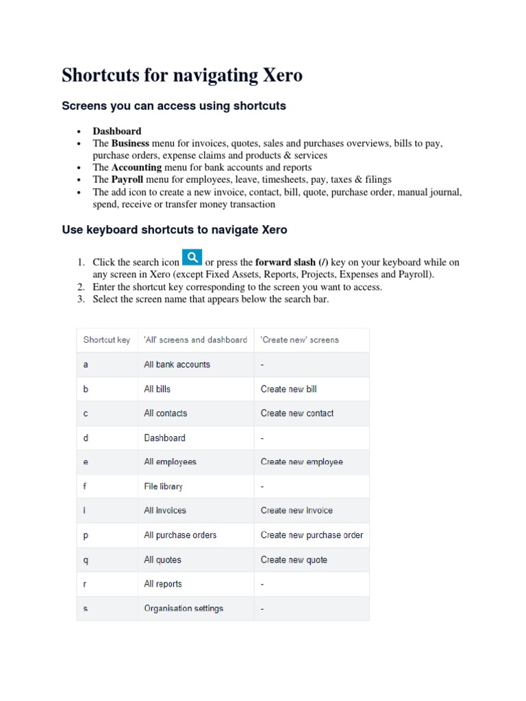 Shortcuts For Navigating Xero PDF