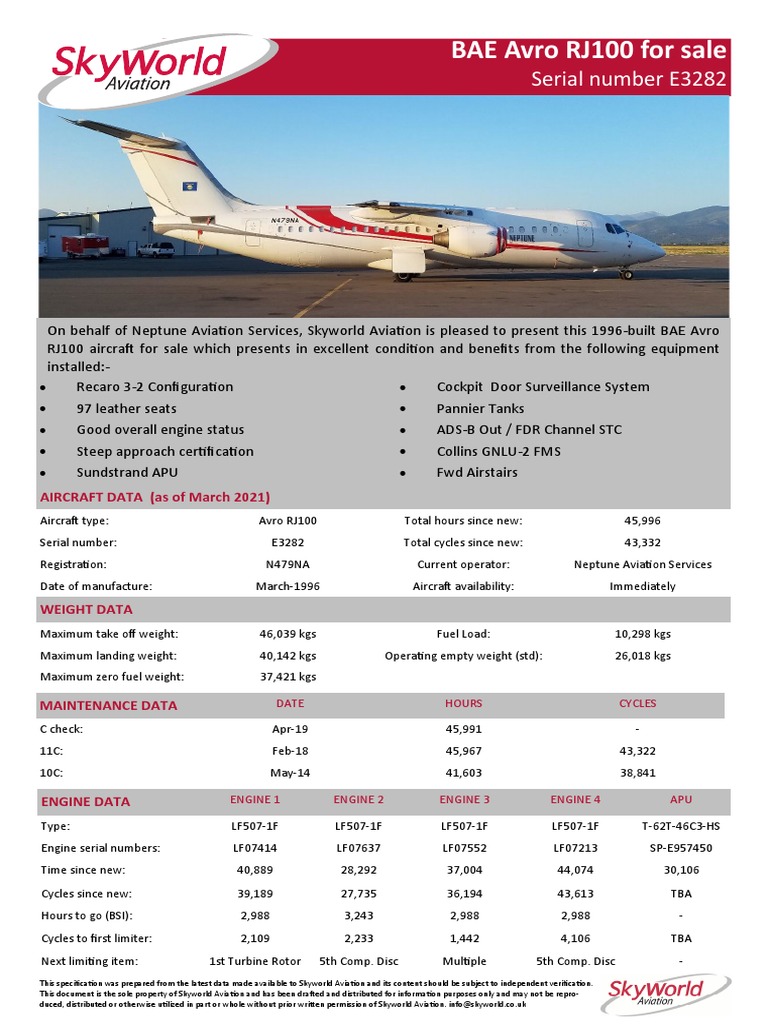 Avro RJ100 Aircraft for Sale | PDF | Aviation | Aerospace