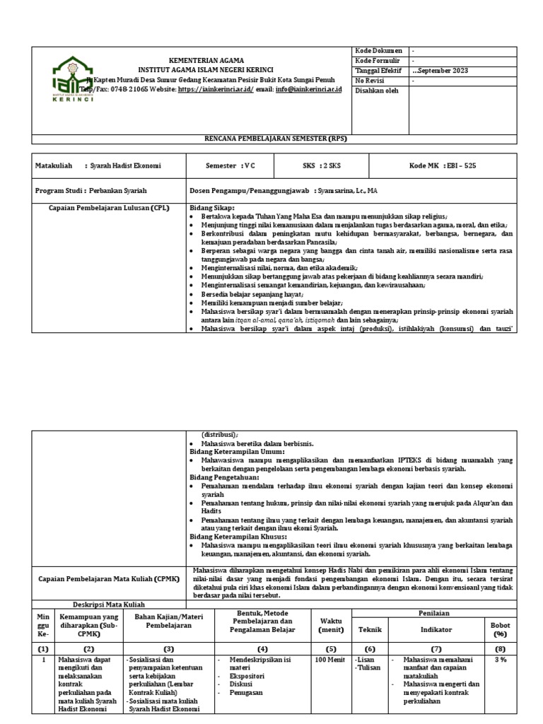 RPS Syarah Hadist Ekonomi PBS 5 C | PDF