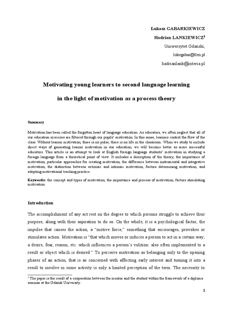 Motivating Young Learners To Second Language Learning in The Light of ...