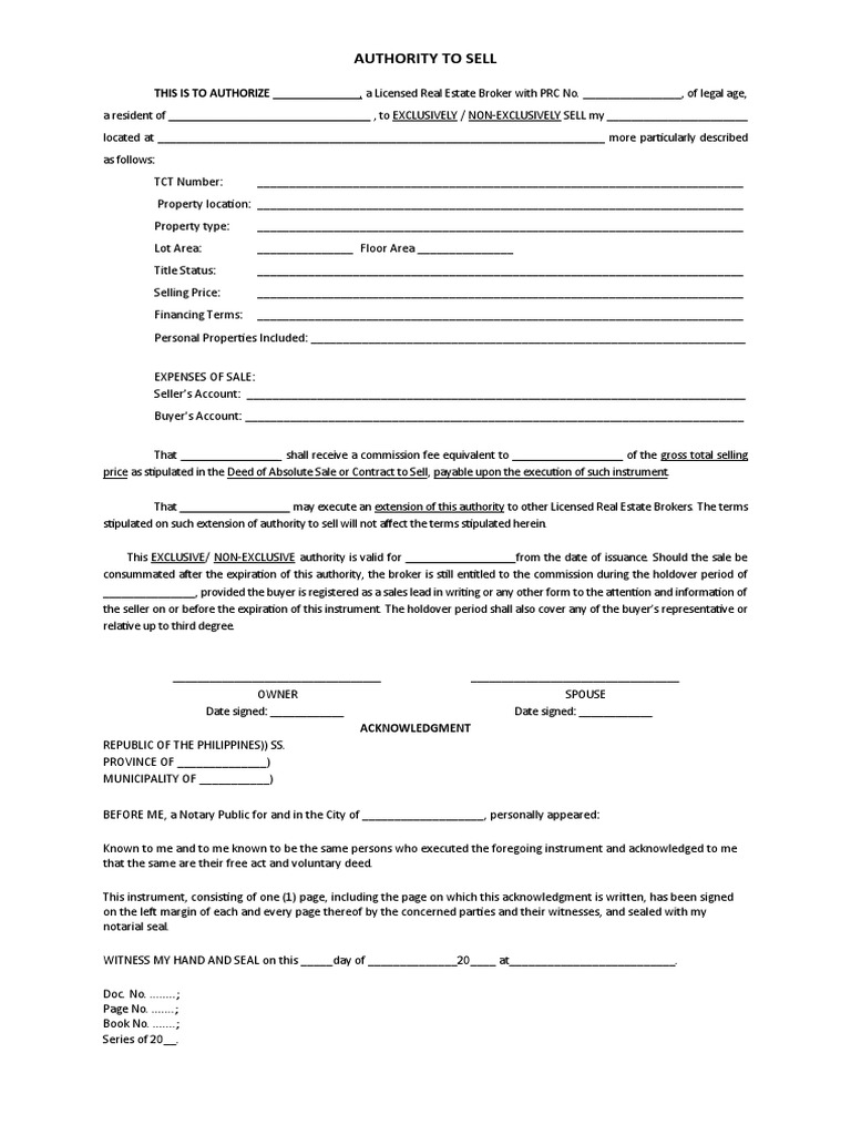 Authority to Sell Real Estate Document | PDF | Civil Law (Legal System ...