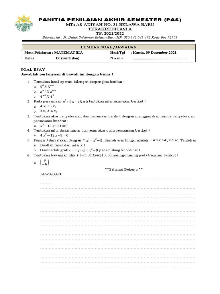 50 Soal PAS Matematika Kelas 9 SMP Semester 1 2025 + Jawaban