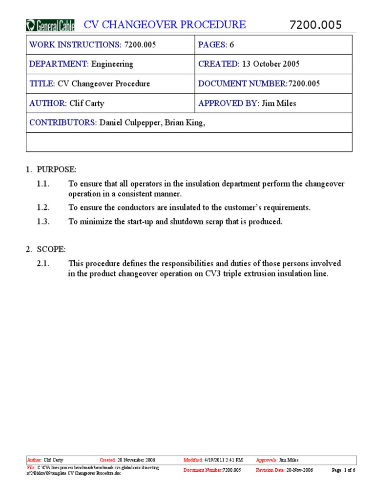 09 Template CV Changeover Procedure PDF Extrusion Applied And Interdisciplinary Physics