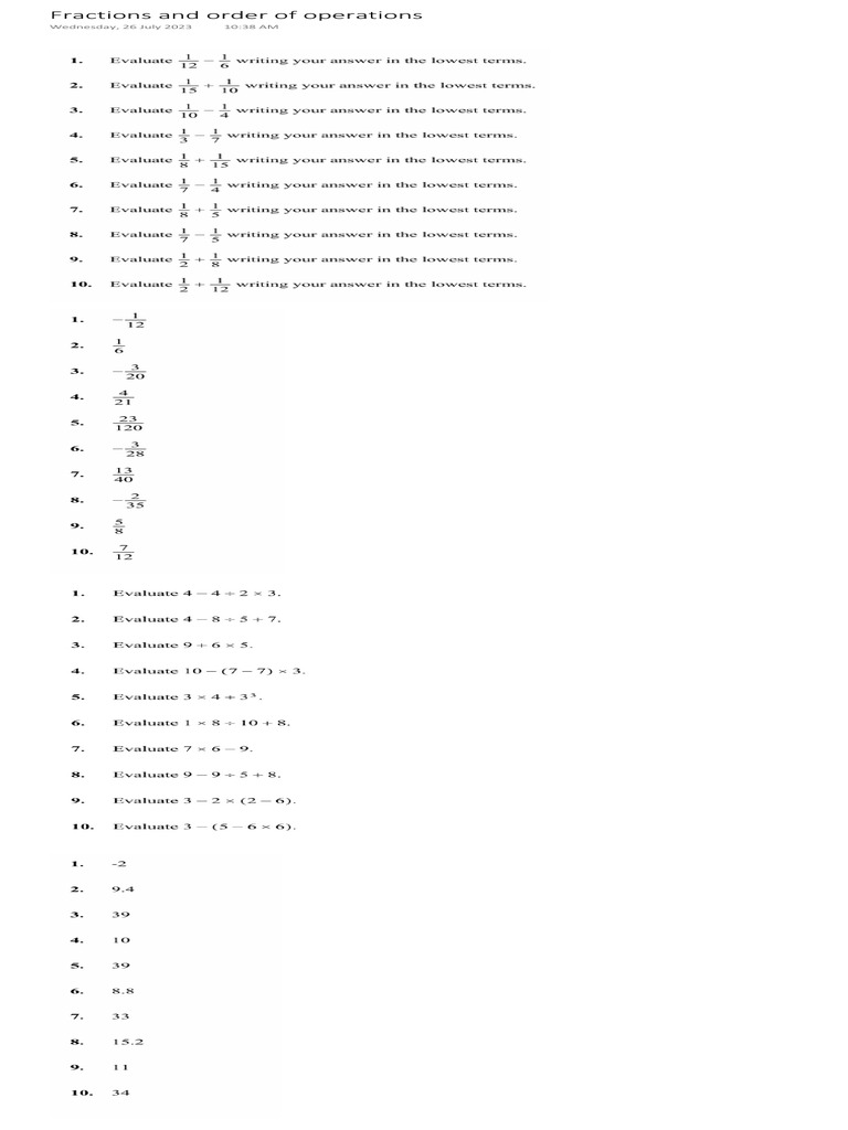 Fractions and order of operations | PDF