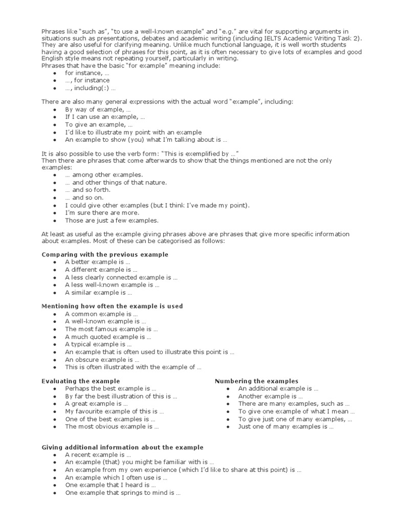 Phrases To Give Examples | PDF | Phrase | Human Communication