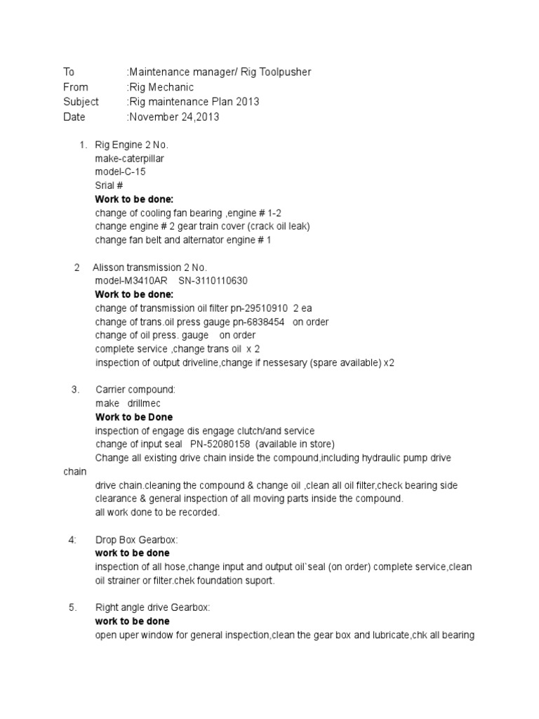 Nov 2013 Rig Maint Rig 1 | PDF | Pump | Machines