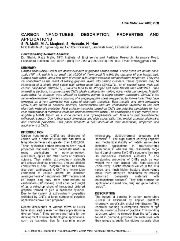 Carbon Nano-Tubes: Properties & Uses | PDF | Carbon Nanotube | Materials