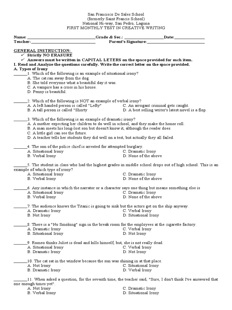 Creative Writing 1st Monthly Test | PDF | Irony