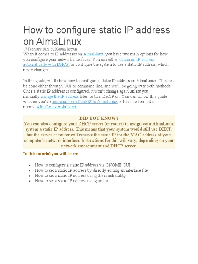 Configure Static IP on AlmaLinux Guide | PDF | Ip Address | Information ...