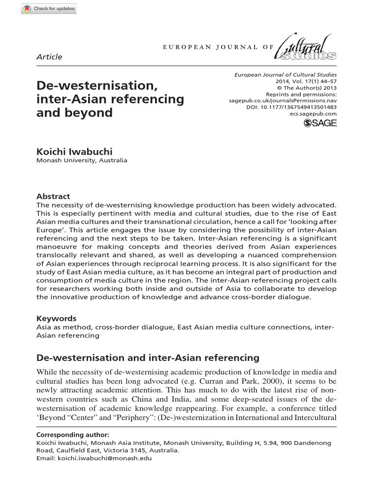 Iwabuchi 2013 - De-Westernisation, Inter-Asian Referencing and Beyond ...