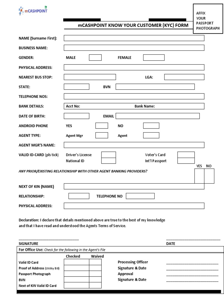 MCASHPOINT Know Your Customers Form-1 | PDF | Identity Document ...