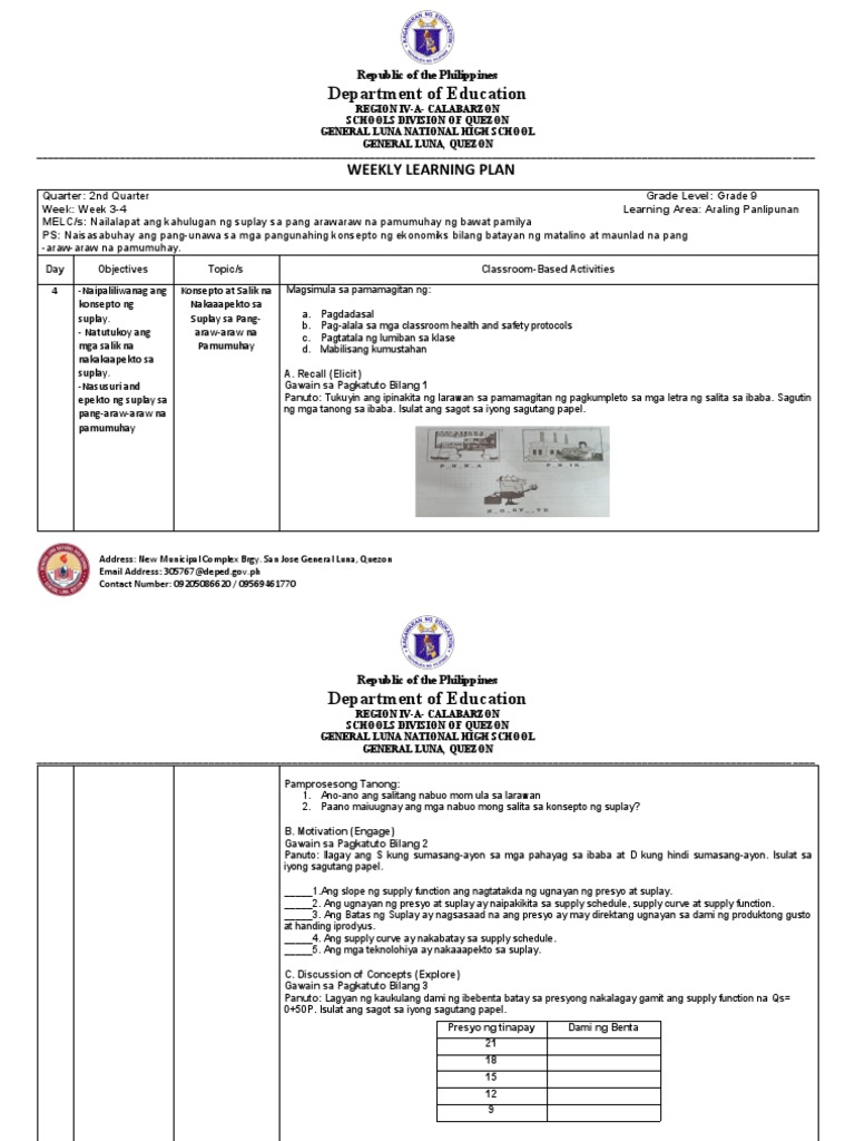 Department of Education: Weekly Learning Plan | PDF