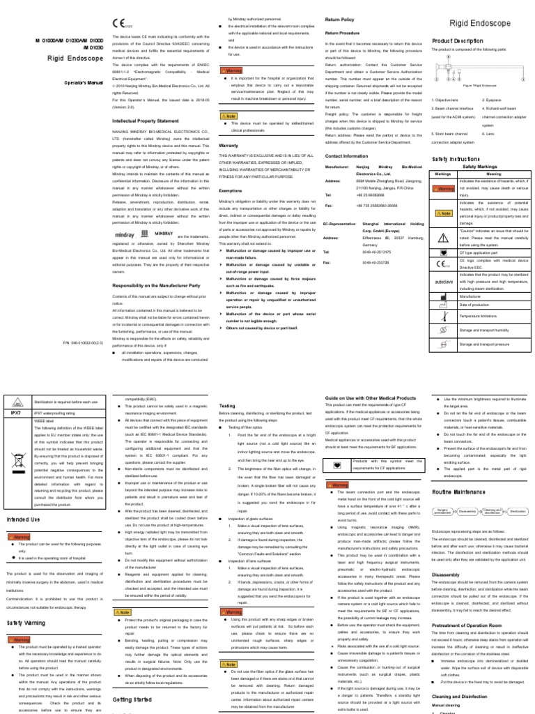 Rigid Endoscope User Manual PDF Sterilization (Microbiology)
