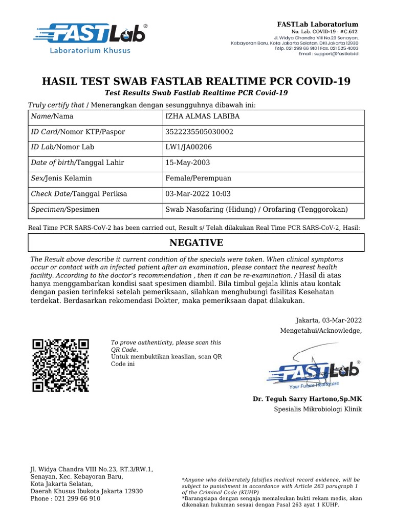 Hasil Test Swab COVID-19 Almas Lab | PDF