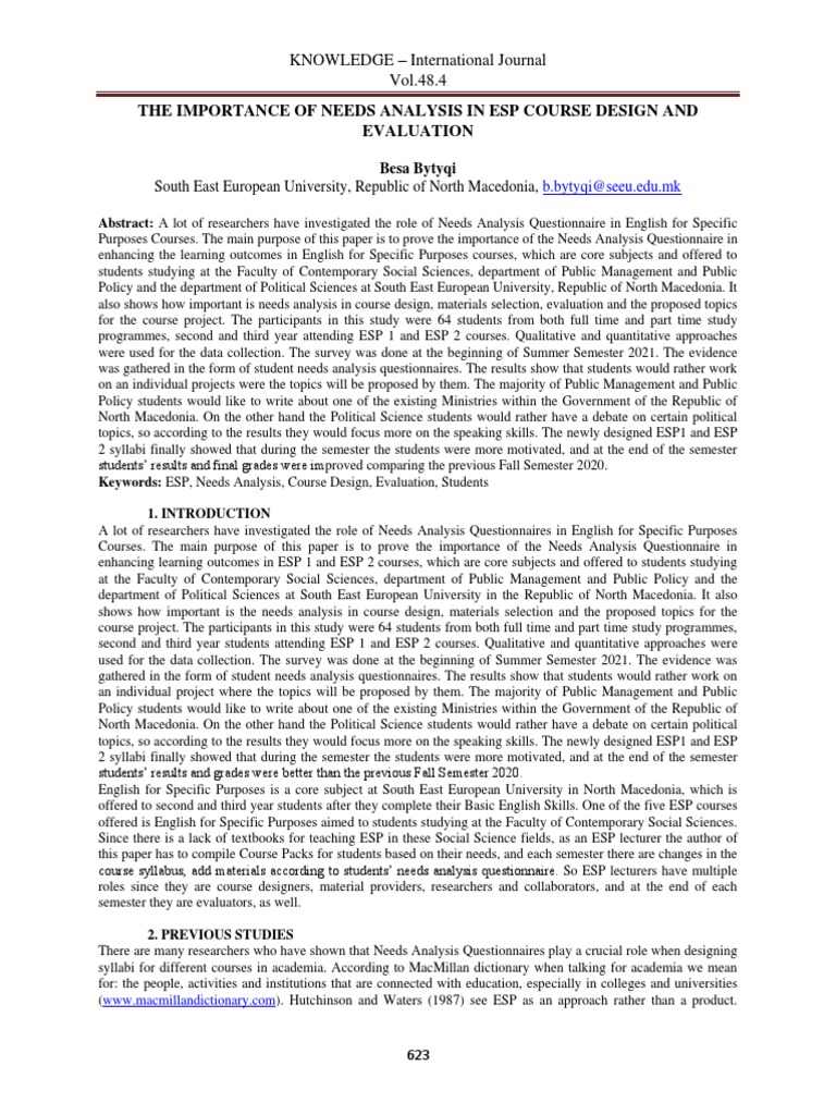 Needs Analysis in ESP Course Design | PDF | Science | Social Sciences