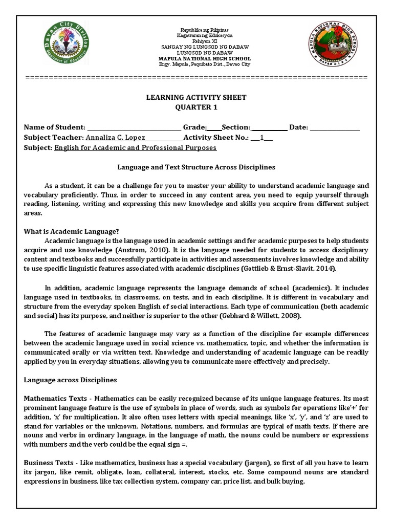 English For Academic and Professional Purposes Quarter 1 Module 1 | PDF