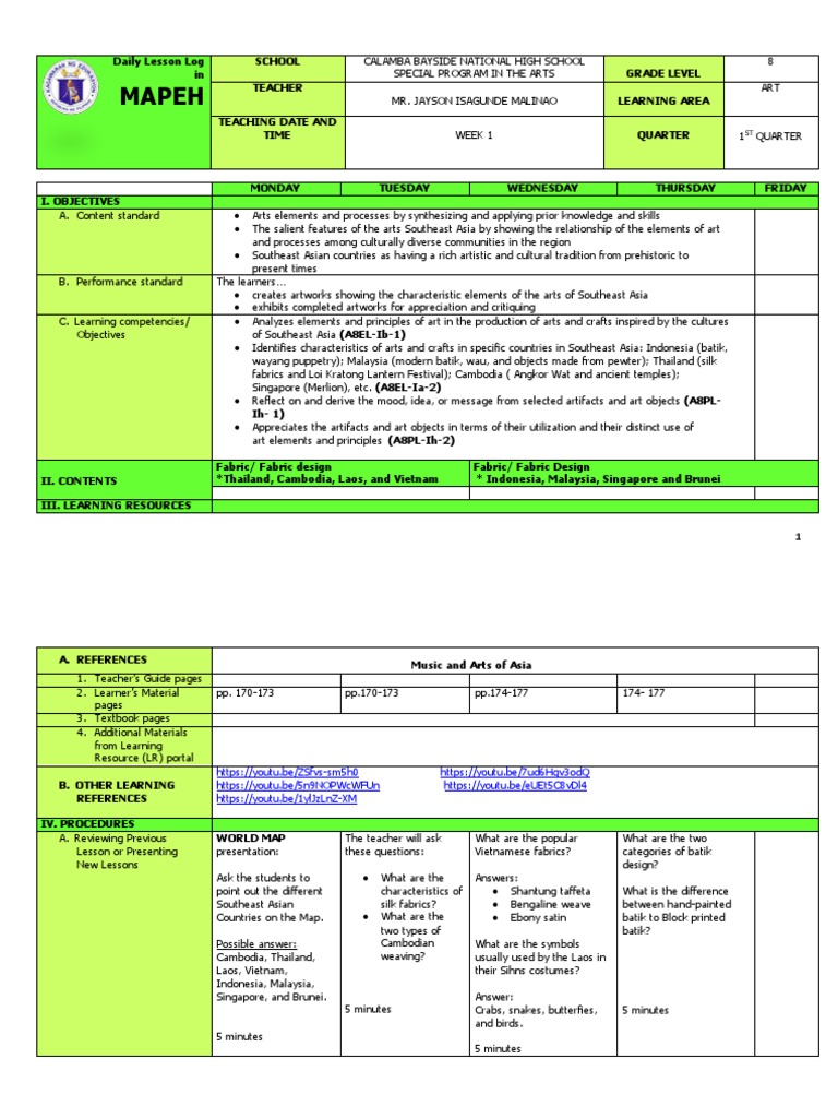 Q1 Grade 8 Arts Dll Week 1 Pdf