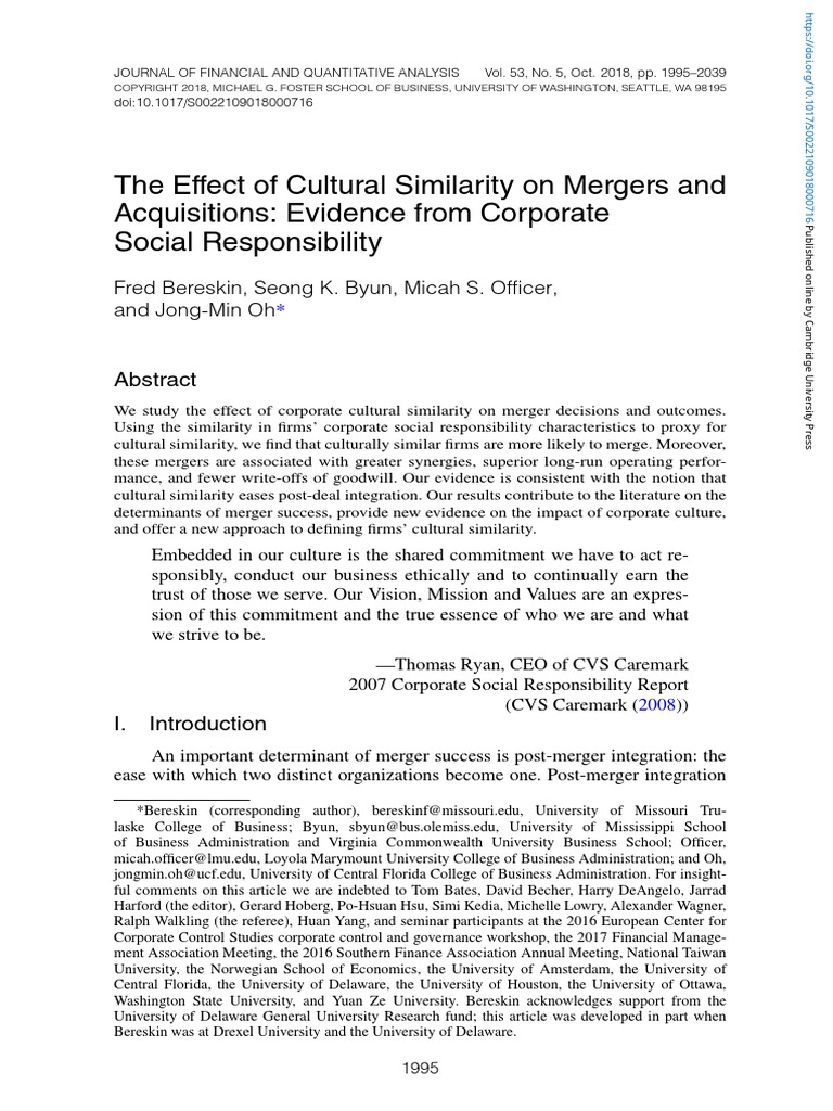 The Effect of Cultural Similarity On Mergers and Acquisitions Evidence ...
