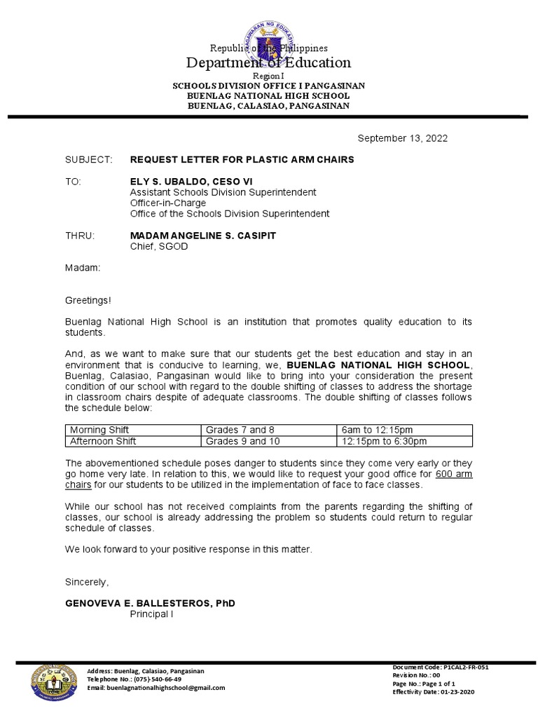 Request Letter For Chairs PDF