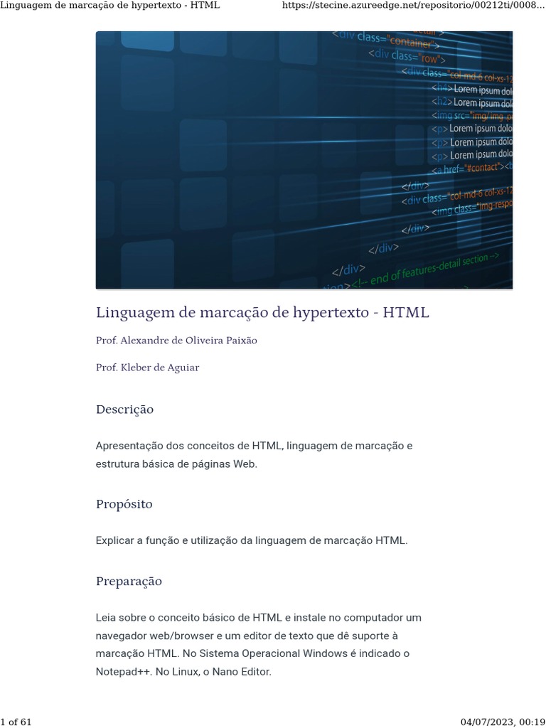 Linguagem de Marcação de Hypertexto - HTML | PDF