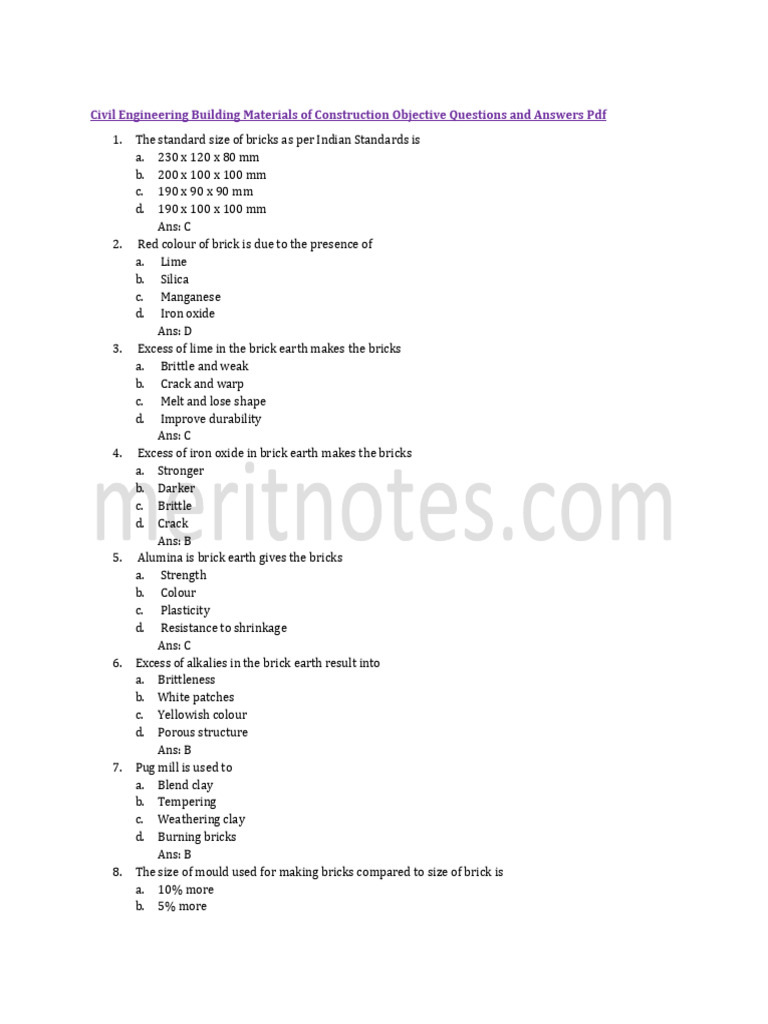 Building materials construction objective questions pdf