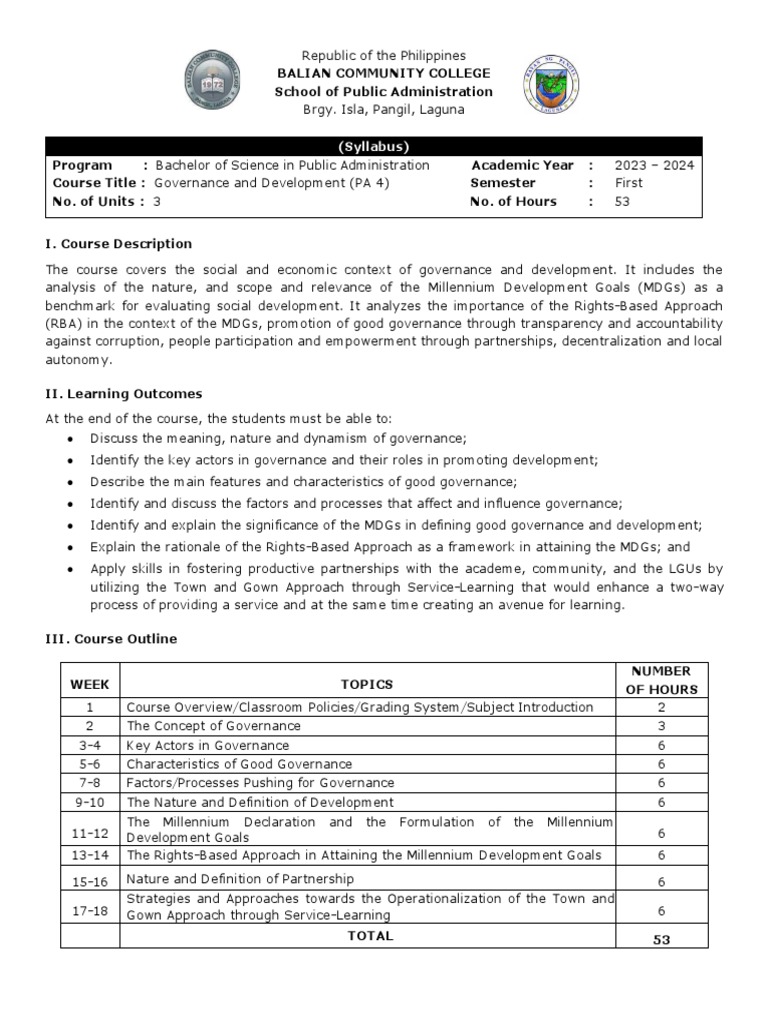 Bcc 2023 2024 1s bspa 4 dc governance and development syllabus pdf