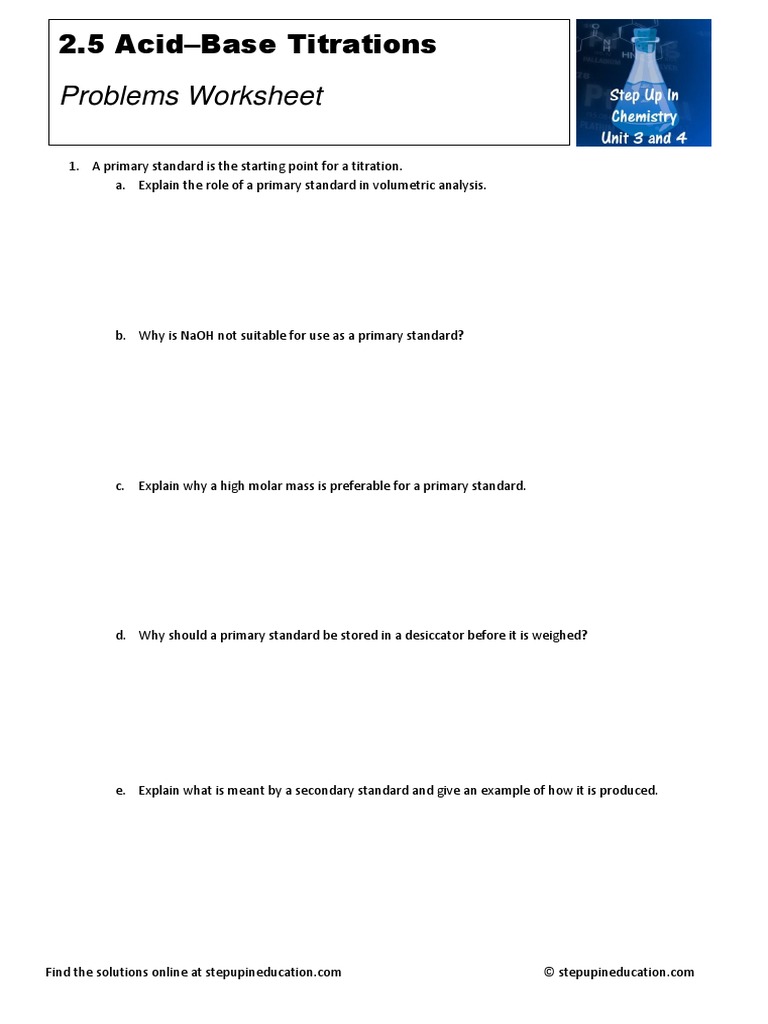 Step Up 2.5 AcidBase Titrations Problems Worksheet PDF