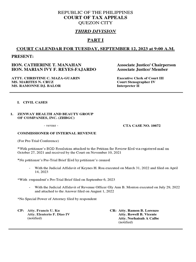 Court of Tax Appeals Court Calendar For Tuesday, September 12, 2023 at