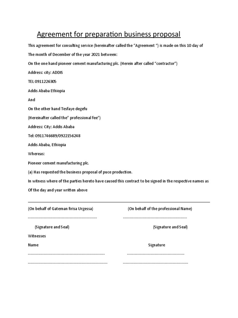 Agreement For Preparation Business Proposal PDF Business Law Business