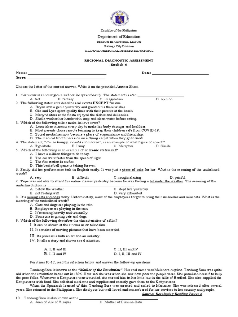Regional Diagnostic Test English 6 PDF Learning Social Media