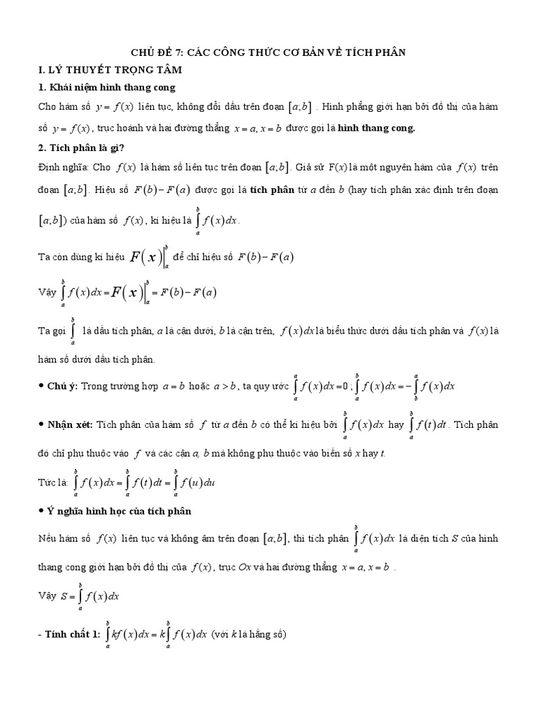 Chuyen de trac nghiem cac cong thuc co ban ve tich phan pdf
