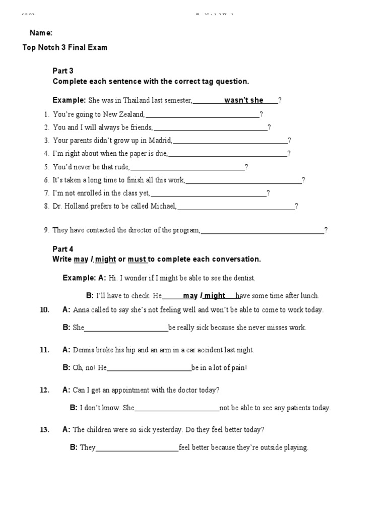 Top Notch 3 Final Exam PDF Linguistic Morphology Linguistics