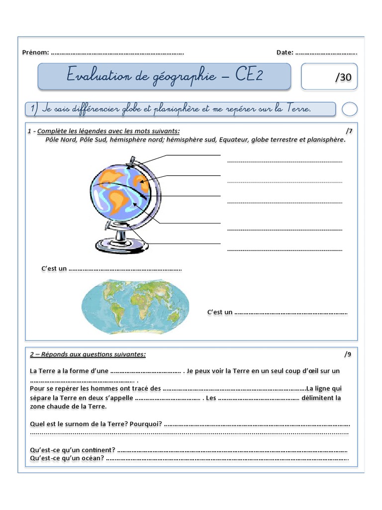 Évaluation géographie CE2 : Globe et planisphère | PDF | Continent ...