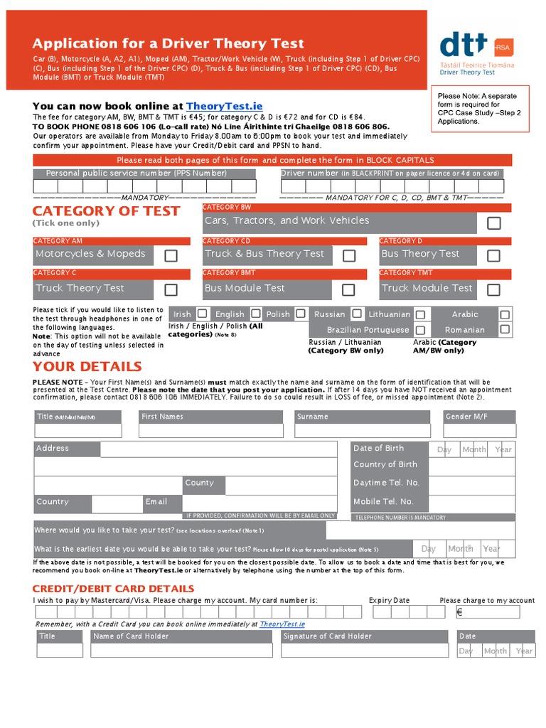 Driver theory test ireland dtt car bike printed application form