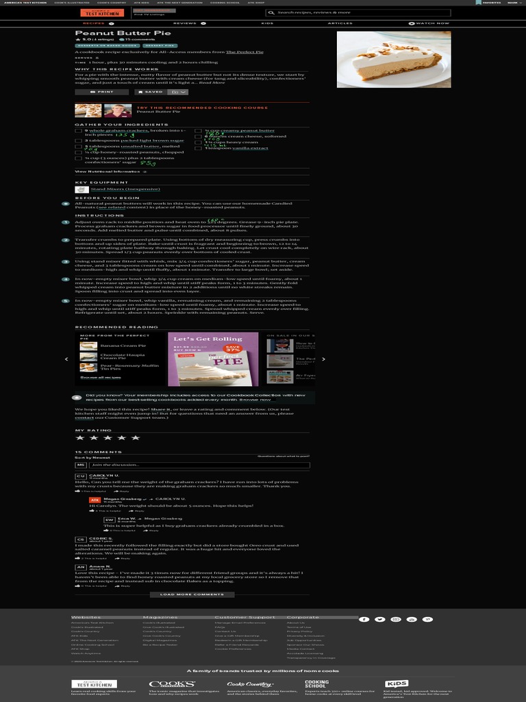 Peanut Butter Pie America's Test Kitchen Recipe PDF Peanut Butter