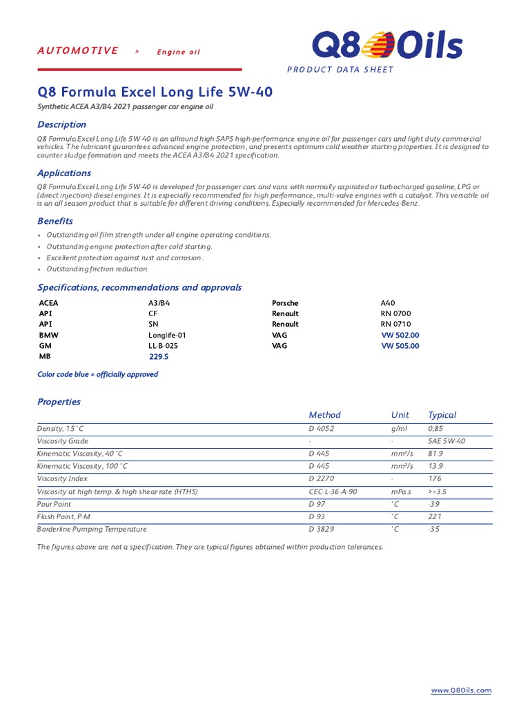 Q8 Formula Excel Long Life 5W 40 en | PDF