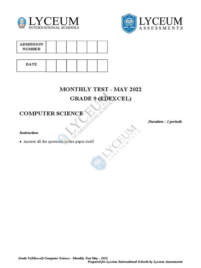 Grade 9 (Edexcel) Computer Science (1) PDF