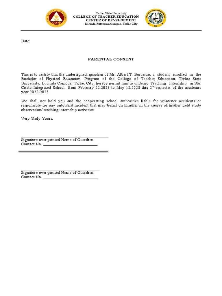 Parental Consent for Teaching Internship | PDF