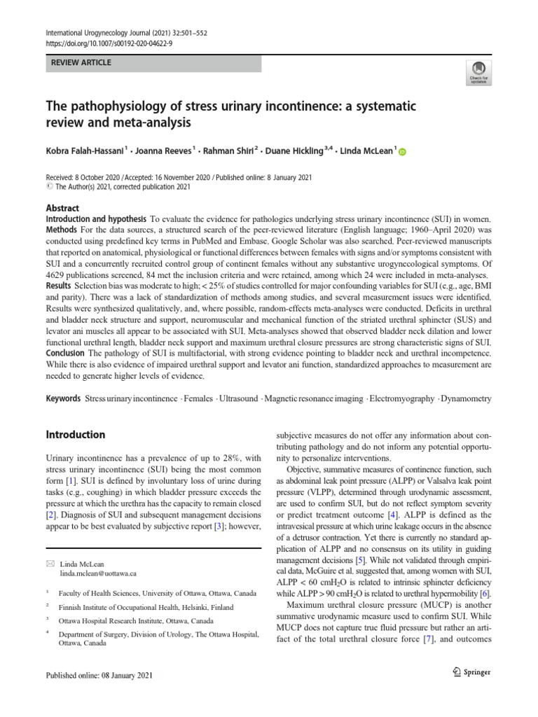 The Pathophysiology of Stress Urinary Incontinence A Systematic Review and MetaAnalysis PDF