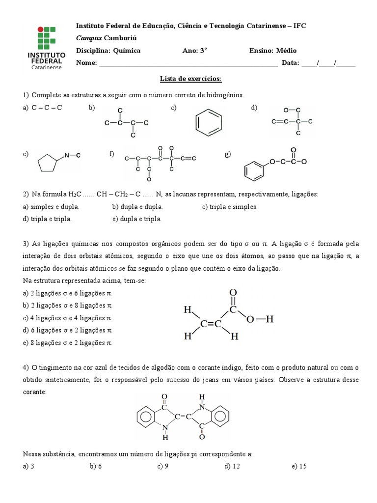 Lista de Exercícios - Introdução À Química Orgânica | PDF | Ligação ...