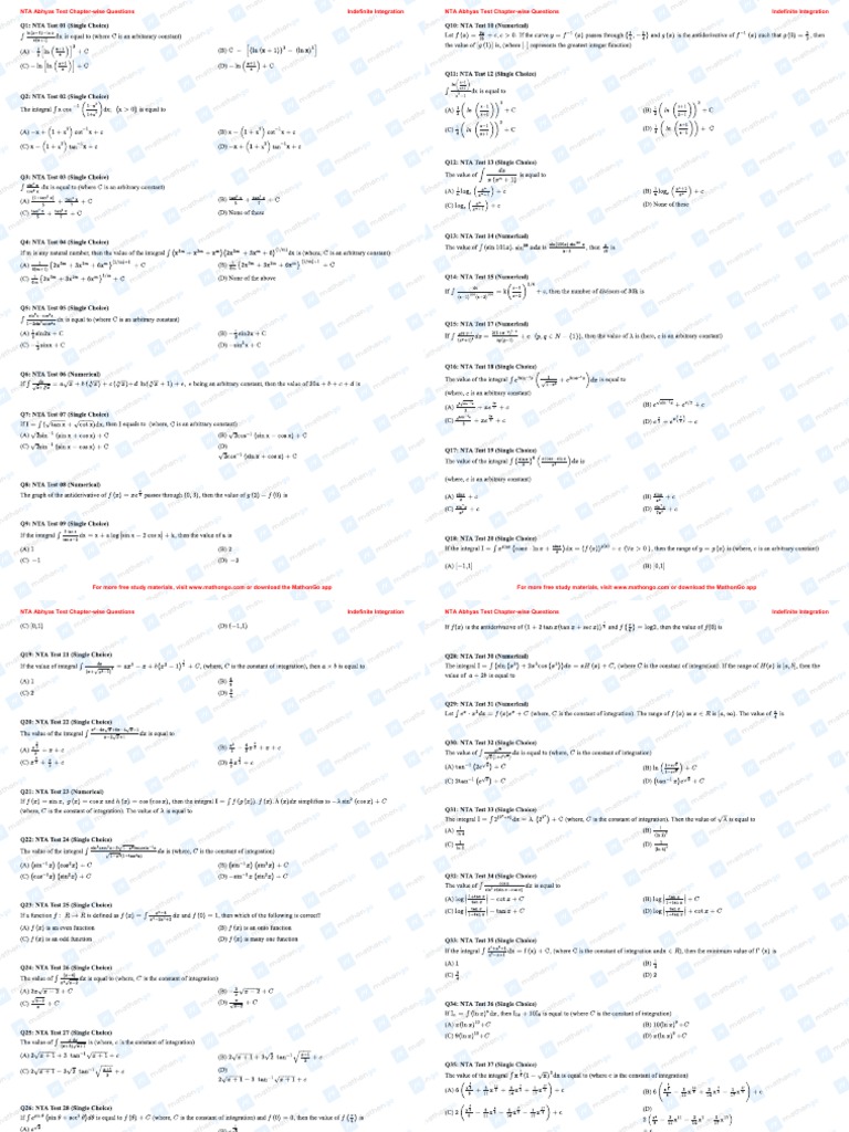 NTA Abhyas: Indefinite Integration Test | PDF