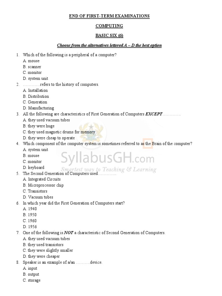 Basic Six Computing Exam Questions | PDF | Integrated Circuit | Input ...