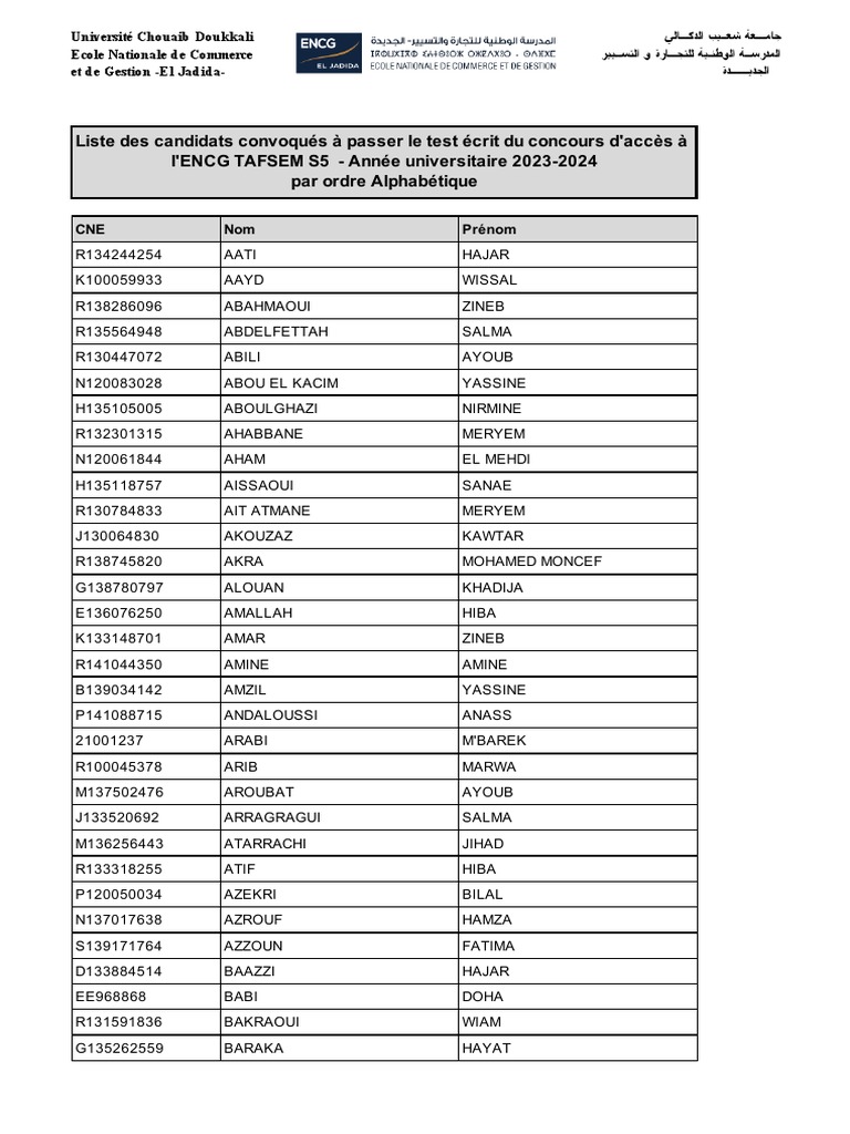 Liste des candidats ENCG TAFSEM S5 2023-2024 | PDF | Maroc | Études ...