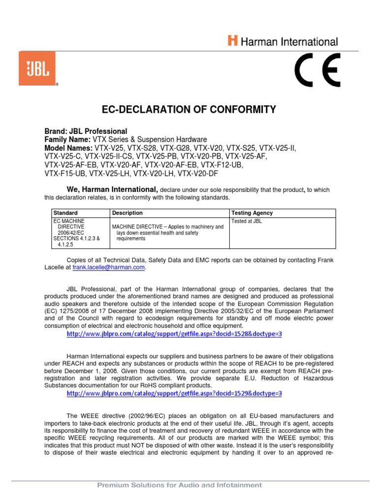 JBL VTX Series EC Declaration | PDF | Technology & Engineering