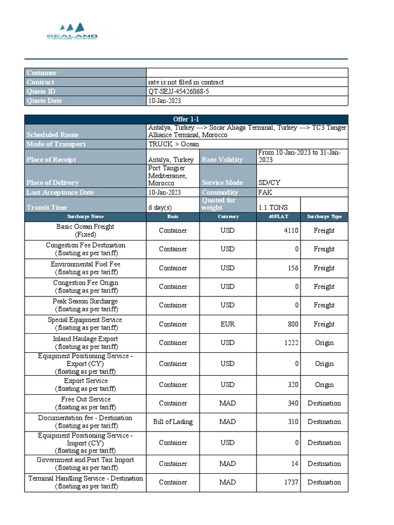 Freight Quote: Antalya to Morocco | PDF | Cargo | Fee