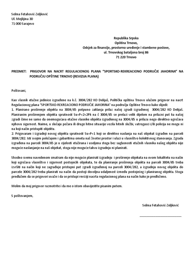 Prigovor na nacrt regulacionog plana pdf